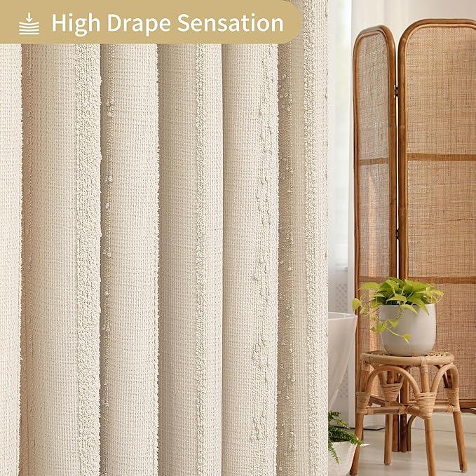 Lameirose Beige Shower Curtain Boho, 72 x 72 Cotton Blend Waffle Weave Stripe Textured Heavy Duty, Fabric Shower Curtain for Bathroom, Hotel, Washable - ModernBath