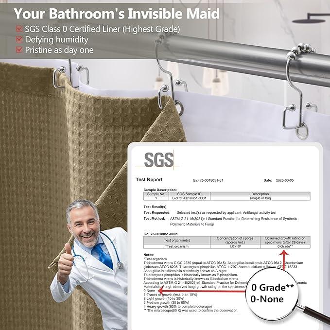 VANZAVANZU Luxury 3 in 1 Shower Curtain Set 3D Textured Waffle Weave Bathroom Curtain with Waterproof SGS Certified Fabric Liner & 12 Anti-Fall Stainless Steel Hooks, Machine Washable 72"x72" (Khaki) - ModernBath