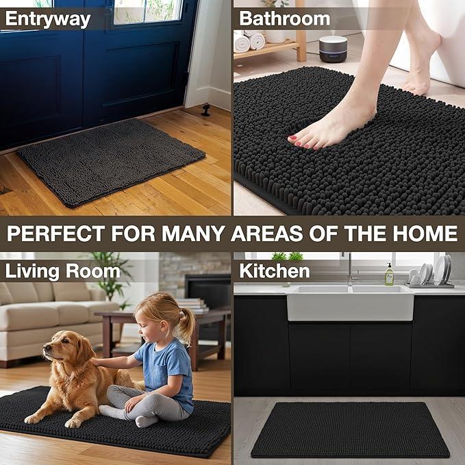 Neater Home Plush Bathroom Rugs 24x17 Thick Chenille Quick Dry Microfiber Absorbent Bath Mat, Soft Bath Rugs, Machine Washable Bathroom Floor Mat for Tub Shower Sink, Home Decor Accessories, Black - ModernBath
