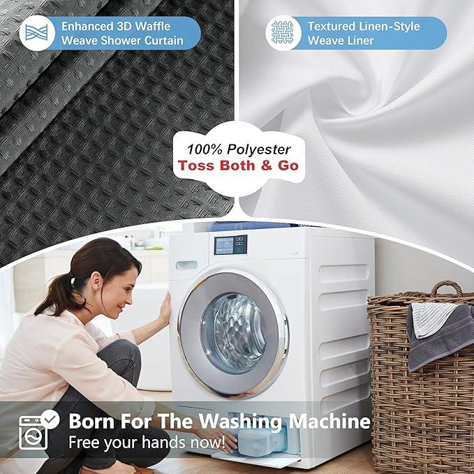 VANZAVANZU Luxury 3 in 1 Shower Curtain Set 3D Textured Waffle Weave Bathroom Curtain with Waterproof SGS Certified Fabric Liner & 12 Anti-Fall Stainless Steel Hooks, Machine Washable 72"x84" (Grey) - ModernBath