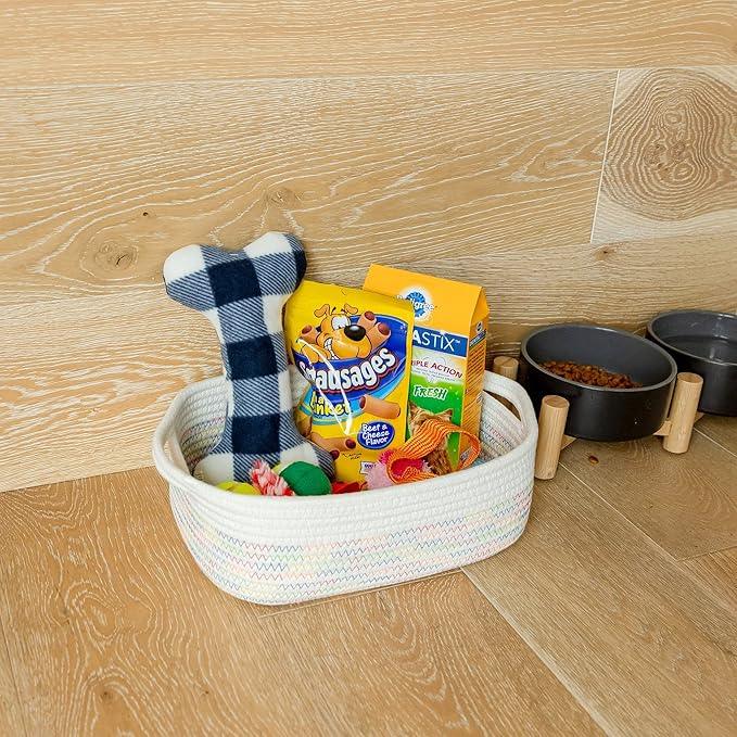 NaturalCozy 5-Piece Rectangle Storage Basket Set- Natural Cotton Rope Woven Baskets for Organizing! Small Basket for Montessori, Baby Nursery, Dog Toy Baskets, Cat Toy Box, Bathroom Organization Bin - ModernBath