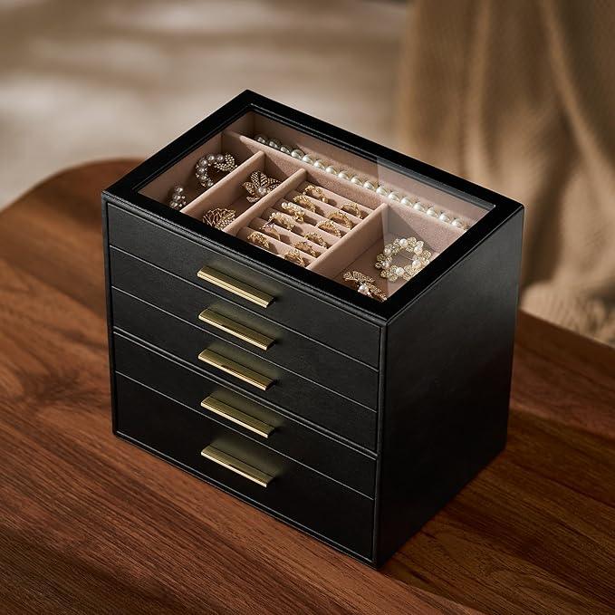 pickpiff Jewelry Box Organizer Case for Women: 5-Layer Jewelry Storage Case with Glass Window, Black Leather with Blush Velvet, Holder for Ring Necklace Bracelet Brooch Watch, Great Gift for Her - ModernBath