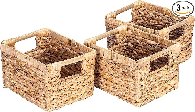Small Wicker Baskets for Organizing Bathroom, Hyacinth Baskets for Storage, Wicker Storage Basket with Wooden Handle, Decorative Small Basket 10 x 7.5 x 6.3 inches - 3 Pack - ModernBath