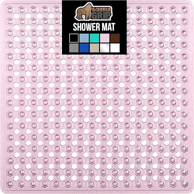 GORILLA GRIP Patented Square Shower Stall Mat, Small Bathtub Floor Mats for Stand Up Showers, Suction Cups and Drainage Holes, Machine Wash, Soft on Feet, Bathroom Accessories 21x21 Inch, Light Pink - ModernBath