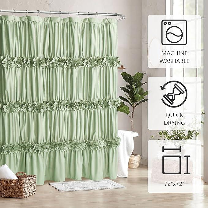 Homechoice Decor Sage Ruffle Shower Curtain, Vintage Handcrafted Bow Tie Bath Curtain for Master Bathroom, Ruched Microfiber Bathroom Curtain with 12 Buttonholes, 72" W x 72" H (LQ-10) - ModernBath