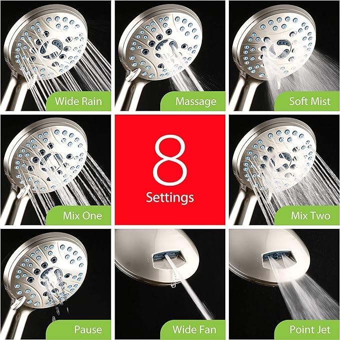 Hotel Spa AquaCare High Pressure 8-mode Handheld Shower Head - Anti-clog Nozzles, Built-in Power Wash to Clean Tub, Tile & Pets, Extra Long 6 ft. Hose, Wall & Overhead Brackets - 1.8 GPM - ModernBath