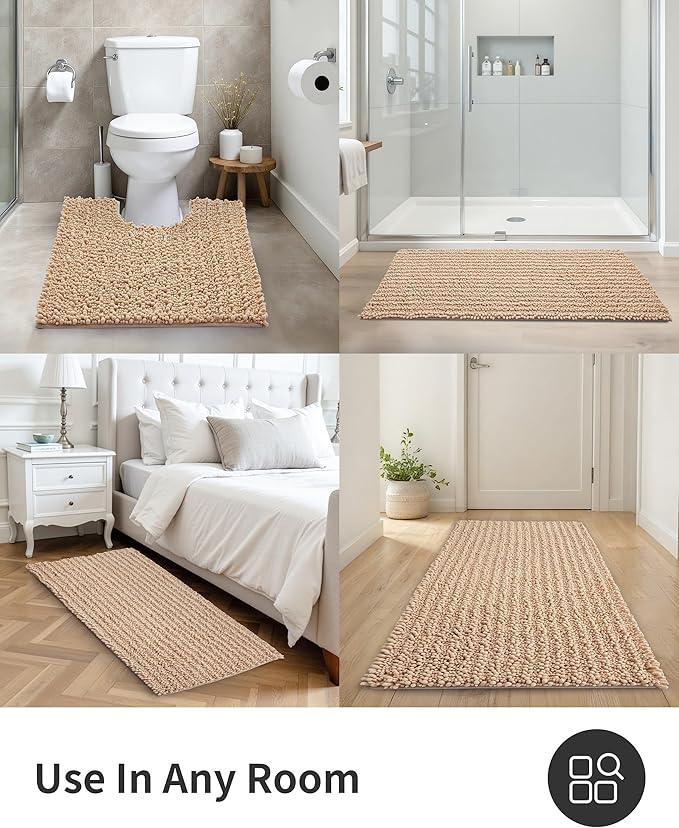 ILANGO Bathroom Rugs Beige 55x24,Extra Soft Absorbent Chenille Bath Rugs,Thick Non-Slip Shaggy Bath Mat,Machine Washable Quick Dry Bath Mats for Bathroom Floor, Tub, Shower Accessories - ModernBath