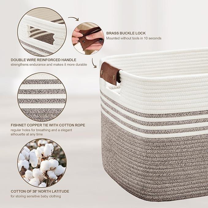 86L Extra Large Laundry Basket with Leather Handles for Living Room Storage, Woven Rope Baskets for Blanket, Kids Toy, Gifts, Wicker Hamper for Bedroom Dirty Clothes, 24"x16"x14" Dark Brown - ModernBath