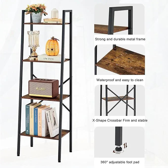 Hoctieon 4-Tier Industrial Ladder Bookshelf, Narrow Ladder Shelf, Tall Standing Bookshelf, Skinny Open Ladder Shelf, for Living Room, Home Office, Kitchen, Bedroom, Metal Frame, Rustic Brown - ModernBath