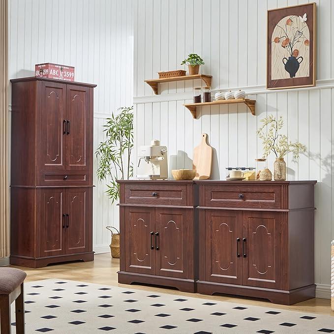 71" Tall Pantry Cabinet with Drawer and Adjustable Shelves, Modern Storage Cabinet with Doors, Kitchen Buffet Cabinet, Food Pantry Storage Cabinet, Coffee Bar, Living Room and Dining Room Cherry - ModernBath