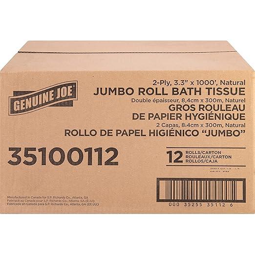 Genuine Joe Jumbo Roll Bath Tissue, 3.3" x 1000', 2-Ply, Natural, 12 Count - ModernBath