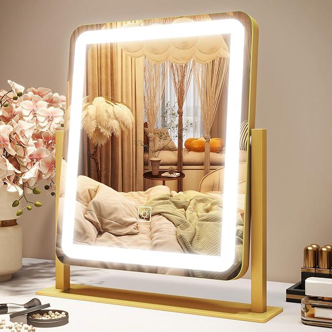 ROLOVE Vanity Mirror with Lights, 12.6"×15" LED Makeup Mirror, Lighted Makeup Mirror with Lights, Smart Touch Control Dimmable 3 Modes Light, Lighted Up Mirror for Makeup Desk, Gold - ModernBath