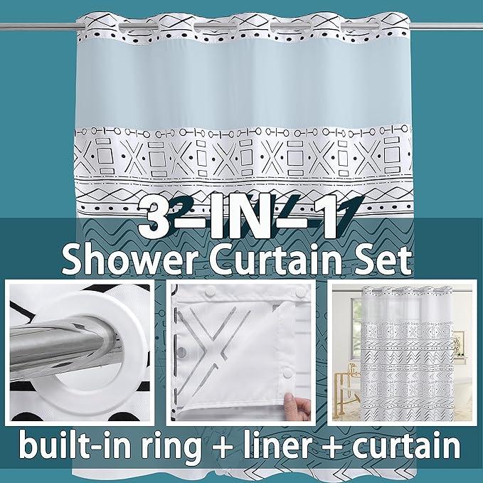 Conbo Mio Extra Long No Hook Boho Shower Curtain with Snap in Liner Set, Hotel Luxury White Shower Curtains for Bathroom with See Through Top Window, Waterproof, Washable 71W x 84H - ModernBath