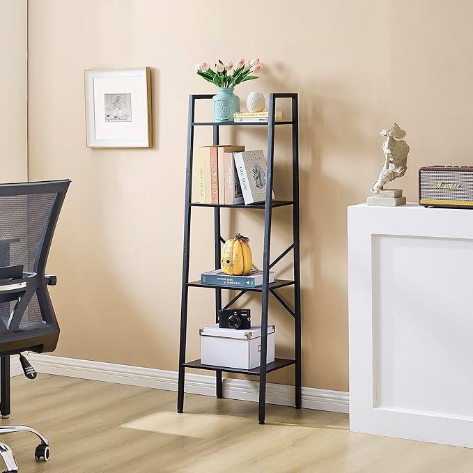 Hoctieon 4-Tier Industrial Ladder Bookshelf, Narrow Ladder Shelf, Tall Standing Bookshelf, Skinny Open Ladder Shelf, for Living Room, Home Office, Kitchen, Bedroom, Metal Frame, Black - ModernBath