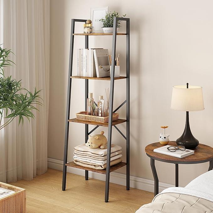 Hoctieon 4-Tier Industrial Ladder Bookshelf, Narrow Ladder Shelf, Tall Standing Bookshelf, Skinny Open Ladder Shelf, for Living Room, Home Office, Kitchen, Bedroom, Metal Frame, Rustic Brown - ModernBath
