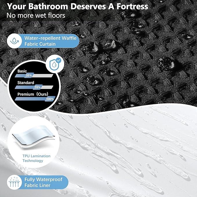 VANZAVANZU Luxury 3 in 1 Shower Curtain Set 3D Textured Waffle Weave Bathroom Curtain with Waterproof SGS Certified Fabric Liner & 12 Anti-Fall Stainless Steel Hooks, Machine Washable 72"x84" (Black) - ModernBath