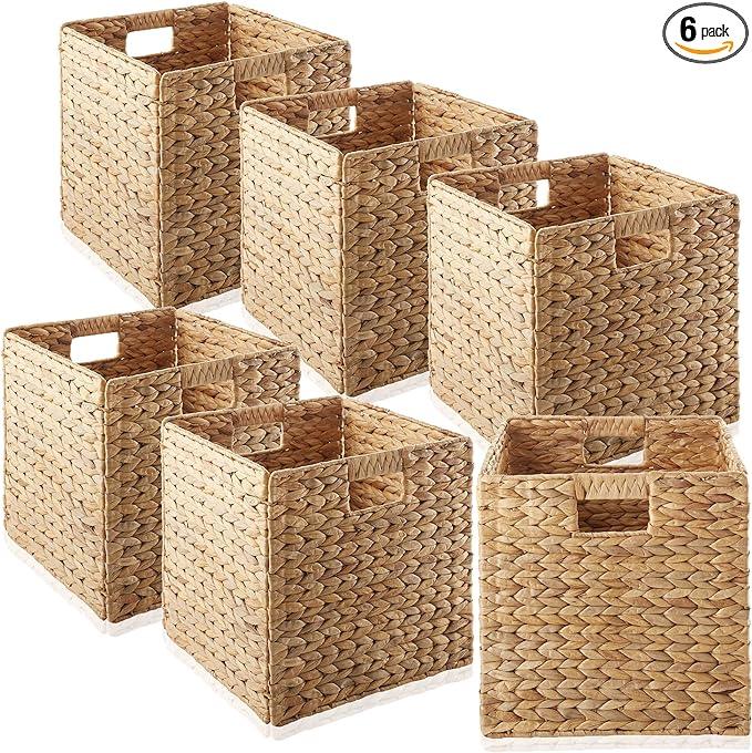 Casafield 12" x 12" Water Hyacinth Storage Baskets, Natural - Set of 6 Collapsible Cube Organizers, Woven Bins for Bathroom, Bedroom, Laundry, Pantry, Shelves - ModernBath