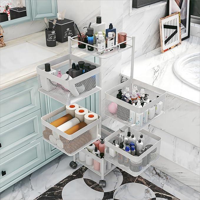Fruit Basket for Kitchen No Assembly,Rotating Kitchen Storage Rack,Bathroom Shelf, Organizers and Storage Cart on Rolling Wheels，Potato and Onion Storage Organizer(White, 5 Tier-Square) - ModernBath