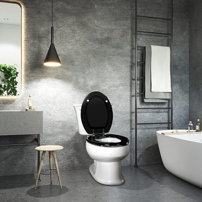 Black Elongated Toilet Seat Natural Wood Toilet Seat with Zinc Alloy Hinges, Easy to Install also Easy to Clean, Scratch Resistant Toilet Seat by Angol Shiold (Elongated, Black) - ModernBath
