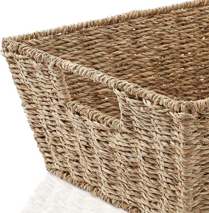 Casafield Set of 2 Seagrass Pantry Baskets with Handles, Chalkboard Labels and Marker - Natural, Wide Woven Storage Bin Organizers for Kitchen Shelves - ModernBath