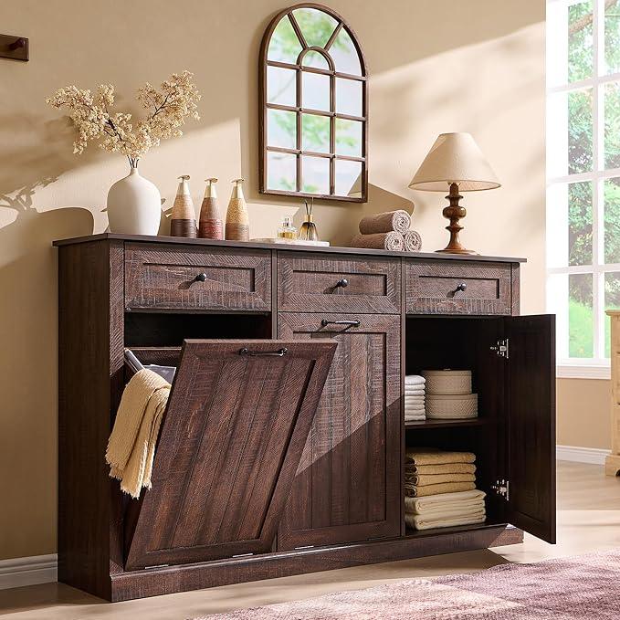 Triple Tilt Out Laundry Hamper Cabinet, 20 Gallon Farmhouse Trash Can Cabinet w/Drawer & Adjustable Shelf, Hidden Garbage Can Bin Cabinets w/Laundry Basket for Bathroom, Kitchen (Brown) - ModernBath