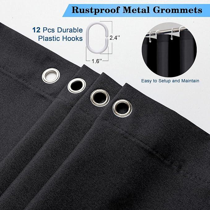 OVZME Zora 96 Inch Shower Curtain Set with 12 Plastic Hooks, Plain Fabric Black Shower Curtain for Bathroom - Extra Long Shower Curtain, Water Resistance, Machine Washable Soft Cloth, 72WX96L, Black - ModernBath