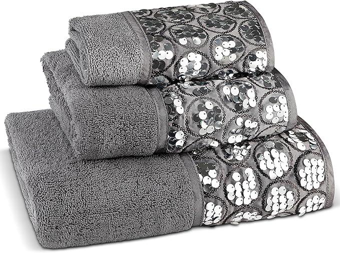 Zahari Home Sinatra Modern Bathroom Towel Set 3 Piece Towel Bath Towel, Hand Towel and Wash Towel Luxury Contemporary Decor Bling Silver Bath Towel Sets Soft, Plush and Highly Absorbent - ModernBath