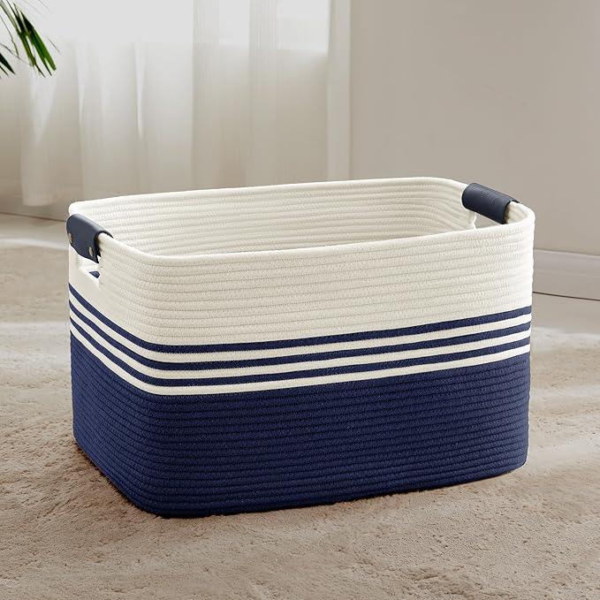 72L Large Laundry Basket with Leather Handles for Living Room Storage, Woven Rope Baskets Bin for Blanket, Kids Toy, Gifts, Wicker Hamper for Bedroom Dirty Clothes, 22"x17"x12" White Navy - ModernBath