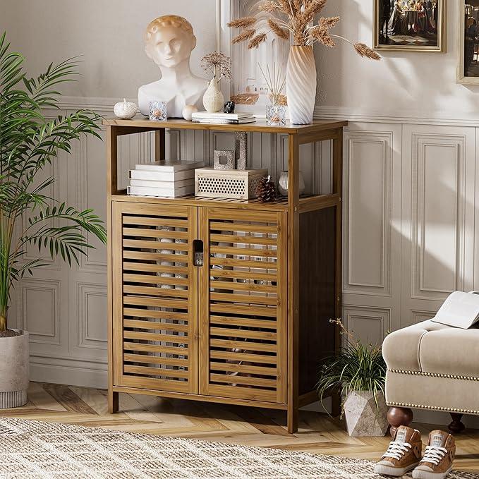 HITNET Walnut Bathroom Floor Cabinet, Bamboo Side Tall Storage Organizer, Freestanding Kitchen Cupboard with Door and Shelf - ModernBath