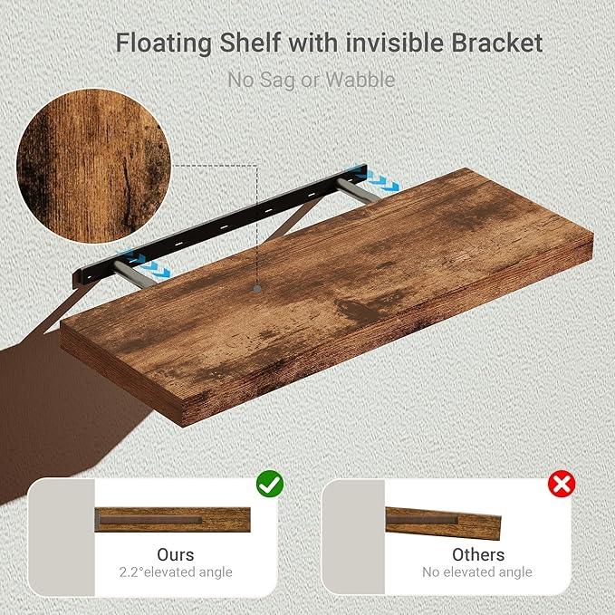 Vivelove 24 inchs Bathroom Floating Shelves for Wall, 9.1” Deep x 1.6” Thick Wall Shelves for Bedroom, Living Room, Kitchen, Office, Rustic Farmhouse Shelf Decor with Invisible Bracket, Set of 2 - ModernBath