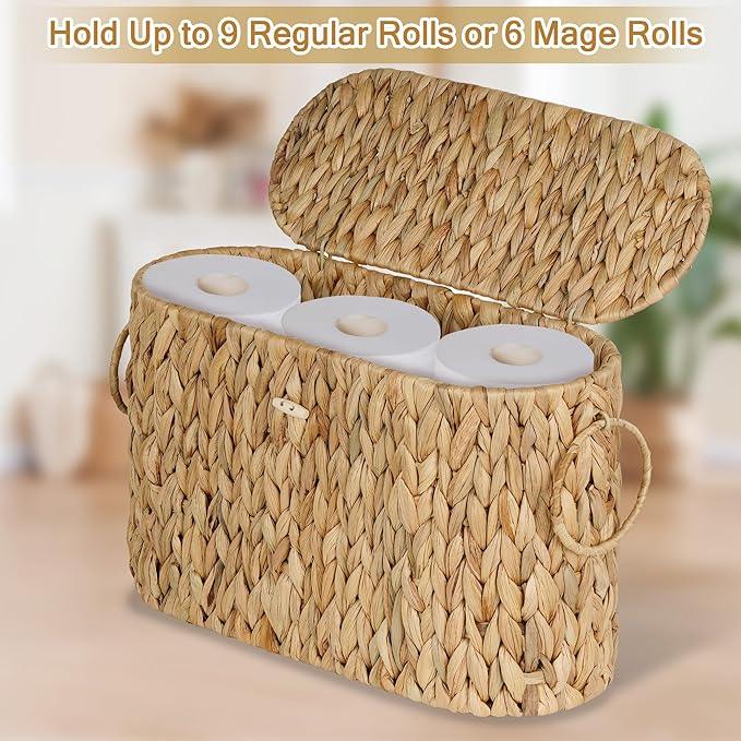 efluky Toilet Paper Storage Basket, Water Hyacinth Slim Toilet Paper Holder with Lid- Holds Up to 9 Mega Rolls, Home Bathroom Decor Organizer - ModernBath