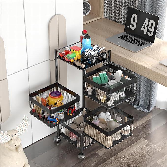 Rotating Kitchen Storage Rack，Bathroom Shelf，Kitchen Organization and Storage，Bathroom Storage Organizer，Fruit Basket，Rolling Carts with Wheels(Black, 4 Tier-Square) - ModernBath