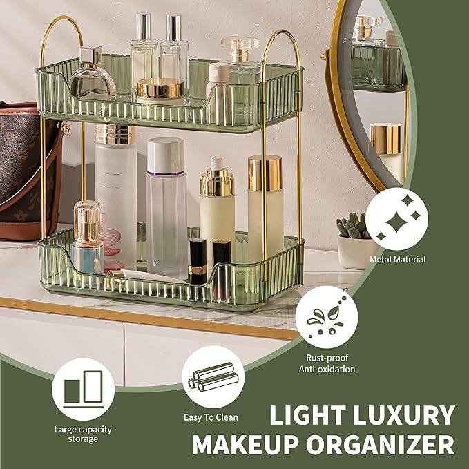 YCIA&DONE Bathroom Organizer Countertop, Makeup Storage, Skincare Cosmetic Tray Shelf, Perfume Holder Rack for Vanity Counter, Large Capacity, Easy to Install, Clean, 2 Tiers, Vintage Green - ModernBath