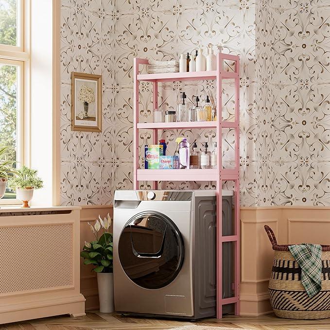 SMIBUY Bathroom Storage Shelf, Bamboo Over-The-Toilet Organizer Rack, Freestanding Toilet Space Saver with 3-Tier Adjustable Shelves (Pink) - ModernBath