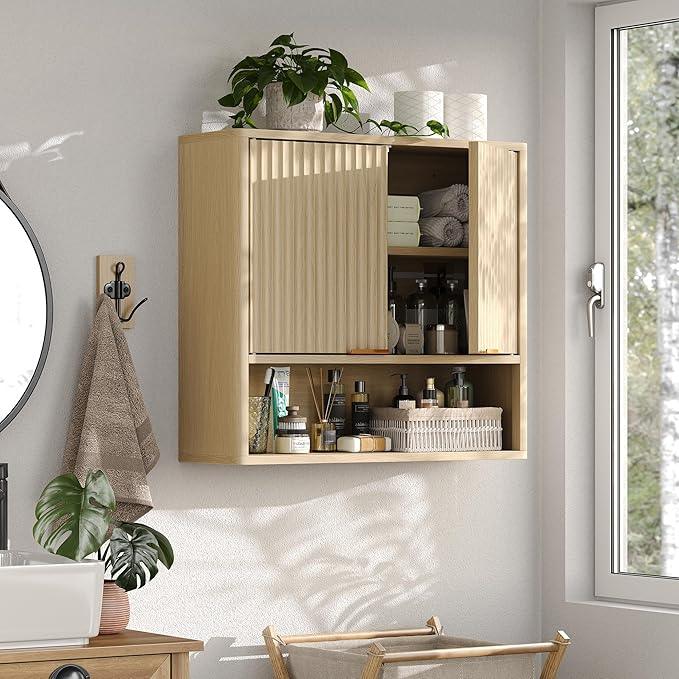 Furnideco Bathroom Medicine Cabinet with Fluted Doors, 3-Tier Modern Wall Cabinet Over Toilet, Small Hanging Storage Cabinet for Bathroom, Natural - ModernBath