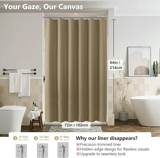 VANZAVANZU Luxury 3 in 1 Shower Curtain Set 3D Textured Waffle Weave Bathroom Curtain with Waterproof SGS Certified Fabric Liner & 12 Anti-Fall Stainless Steel Hooks, Machine Washable 72"x84" (Khaki) - ModernBath
