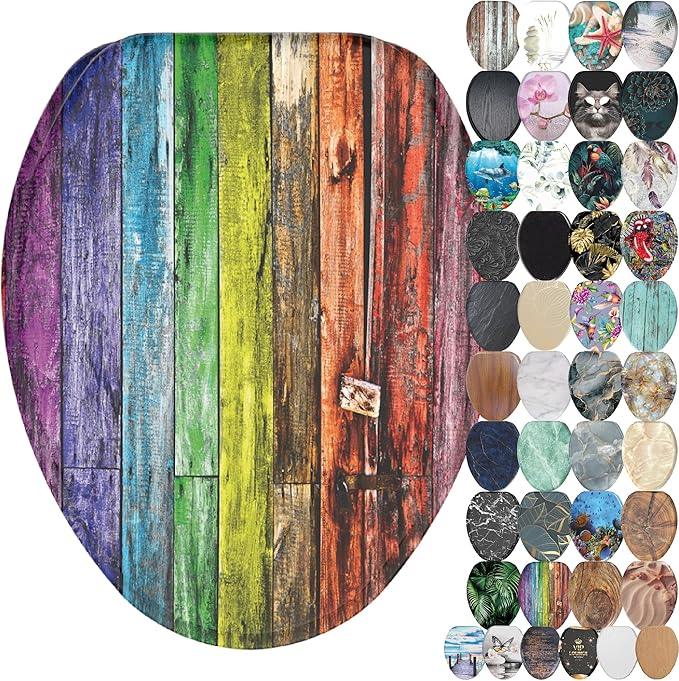 SANILO Wooden Toilet Seat with Soft Close [ELONGATED] - Decorative, Quiet & Slow Close Molded Wood Seat - With Strong Bumpers & Hinges - Adjustable Fit - Rainbow - ModernBath