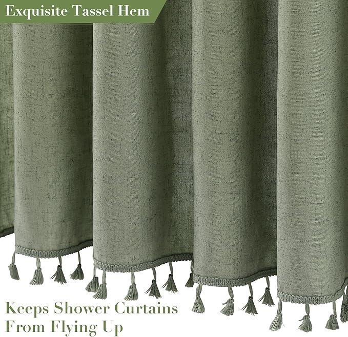 Nanspring Extra Long Sage Green Boho Linen Shower Curtain 96 Inch Length Neutral Faux Linen Simple Tassel Hotel Style Cloth Bath Curtain Set with Hooks Vintage Country Decor for Bathroom 72x96, Green - ModernBath