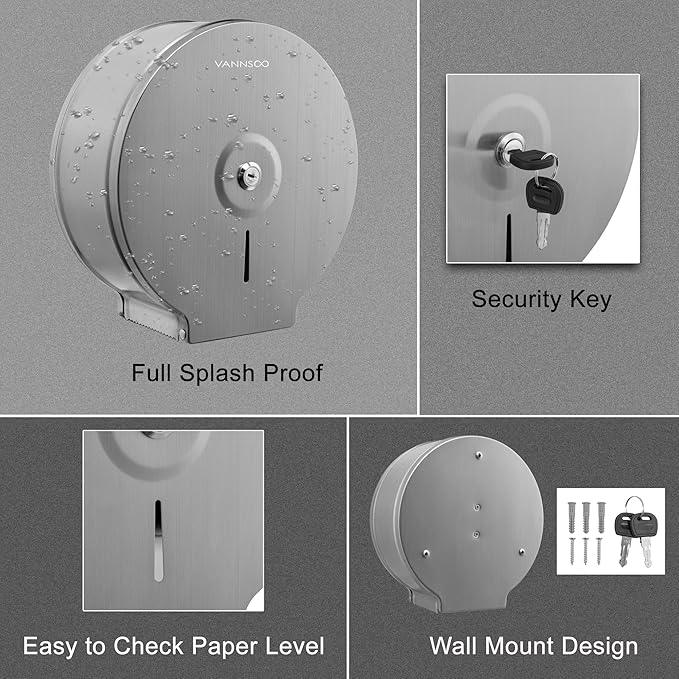 Commercial Jumbo Toilet Paper Dispenser, Wall Mount Stainless Steel 9 Inch Roll Toilet Paper Holder Bath Tissue Dispenser Lock Key (Brushed) - ModernBath