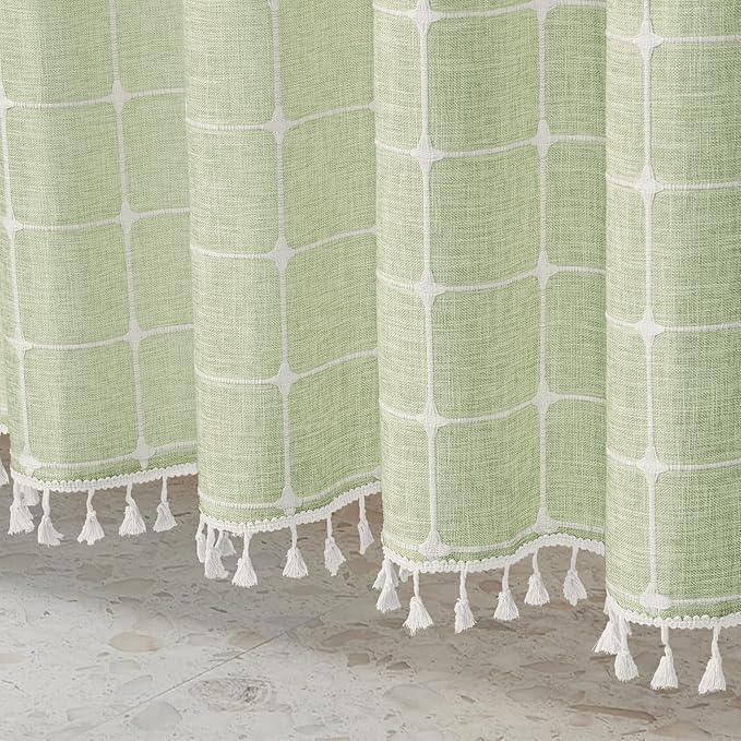 MitoVilla No Hooks Needed Boho Farmhouse Shower Curtain with Snap-in Liner, Cotton Linen Fabric Shower Curtains with Tassels for Rustic Neutral Bathroom Decor, Sage Green, 72 x 74 - ModernBath