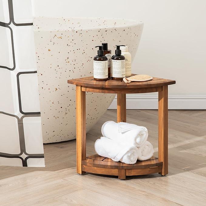 VICTORY RELAX Acacia Wood Corner Shower Stool - Waterproof Triangular Bathroom Bench with Storage Shelf & Soap Dish for Shaving, Natural Wood (17.9x12.7x16.5) - ModernBath