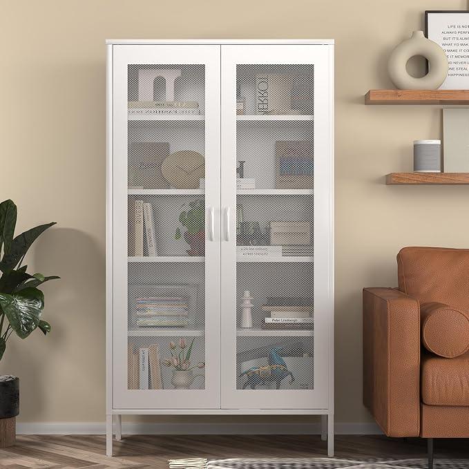 COFaR Modern Mesh Storage Cabinet, Free Standing Tall Pantry, Cupboard Metal Display Cabinet for Living Room, Kitchen, Dining Room - ModernBath
