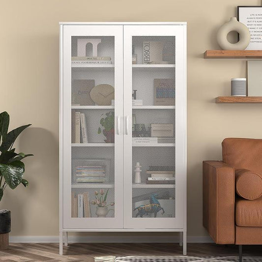 COFaR Modern Mesh Storage Cabinet, Free Standing Tall Pantry, Cupboard Metal Display Cabinet for Living Room, Kitchen, Dining Room - ModernBath
