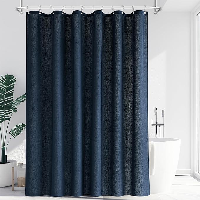 Jowels Navy Blue Linen Shower Curtain, Boho Farmhouse Shower Curtain Set for Bathroom, 200GSM Luxury Weighted Water Resistant Fabric Textured Shower Curtains with 12 Metal Hooks, 72Wx72H - ModernBath