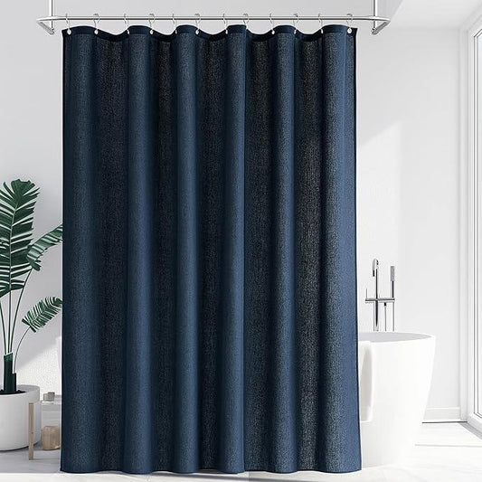 Jowels Navy Blue Linen Shower Curtain, Boho Farmhouse Shower Curtain Set for Bathroom, 200GSM Luxury Weighted Water Resistant Fabric Textured Shower Curtains with 12 Metal Hooks, 72Wx72H - ModernBath
