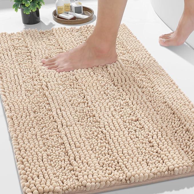 Yimobra Bathroom Rug Mat 32 x 20, Non Slip and Super Absorbent Bath Mat,Machine Washable Quick Dry,Ultra Plush Chenille Shower Rugs for Bathroom Floor Sink Tub and Shower Outside, Beige - ModernBath