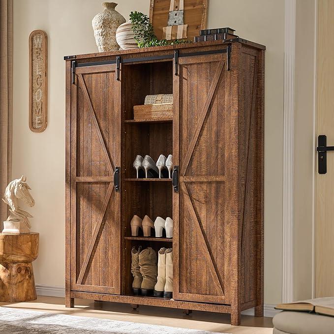 OKD Storage Cabinet with 2 Sliding Door, 7-Tier 62" Tall Farmhouse Entryway Shoe Cabinet, Freestanding Rustic Hidden Shoe Organizer for Entryway, Reclaimed Barnwood - ModernBath