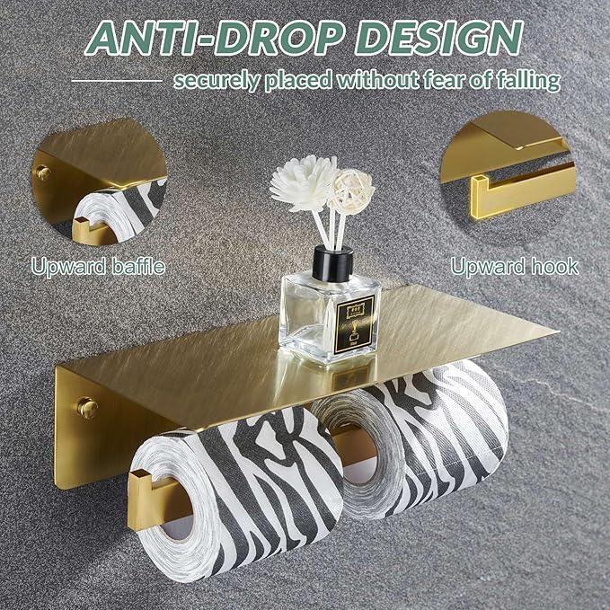 APLusee Brushed Gold Double Toilet Paper Holder with Shelf, Heavy Duty 304 Stainless Steel Tissue Holder for Bathroom with Storage, Commercial Paper Roll Dispenser Wall Mounted - ModernBath