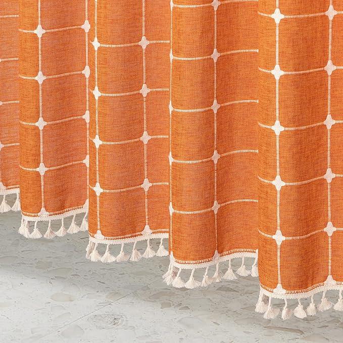MitoVilla No Hooks Needed Orange Boho Shower Curtain with Snap-in Liner, Farmhouse Cotton Linen Fabric Shower Curtains with Tassels for Rustic Neutral Bathroom Decor, Burnt Orange, 72 x 74 - ModernBath