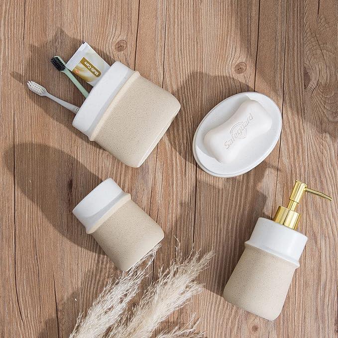 Bathroom Accessories Set,Farmhouse Bathroom Decor,4 Pcs Ceramic Gift Set Apartment Necessities, Contain Toothbrush Cup,Soap Dispenser,Soap Dish,Tumbler,Beige - ModernBath